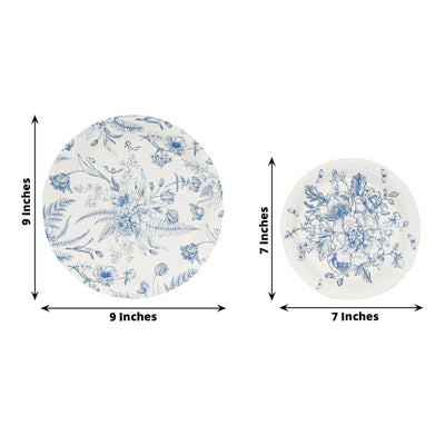 50-Pack Paper Round Dessert and Dinner Plates in White with Blue French Toile Pattern 7’’ 9’’ - Disposables