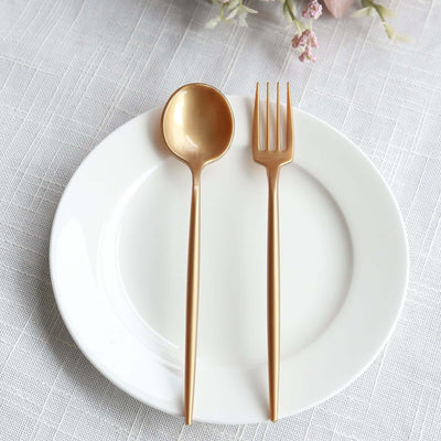50-Pack Plastic Dessert Forks and Spoons with Gold Shiny Finish - Heavy Duty Disposable Silverware - Disposables