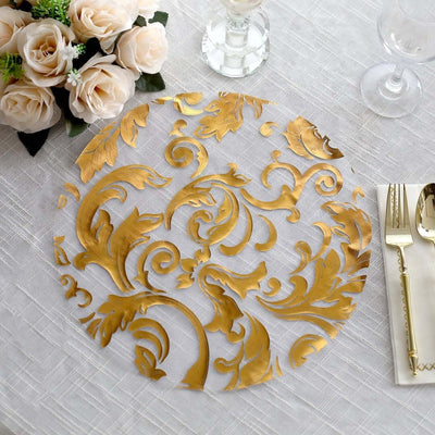 50-Pack Table Placemats Swirl Foil Floral Design Metallic Gold Round - Sheer Organza Disposable Mats 13’’ - Placemat