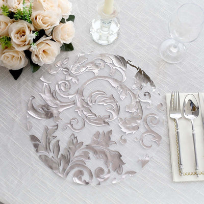 50-Pack Table Placemats Swirl Foil Floral Design Metallic Silver Round - Sheer Organza Disposable Mats 13’’ - Placemat