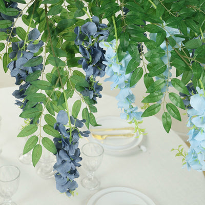 55’’ Artificial Silk Wisteria Vine Round Hanging Canopy in Dusty & Light Blue Draping Garland Flower Chandelier