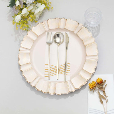 6-Pack Acrylic Plastic Round Charger Plates 13’’ in Beige with Gold Brushed Wavy Scalloped Rim Decorative Dinner Party