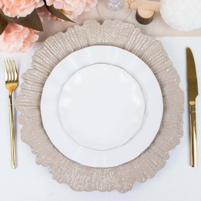 6-Pack Acrylic Plastic Round Charger Plates 13’’ in Taupe with Reef Design Dinner Charger Tableware - Decorative