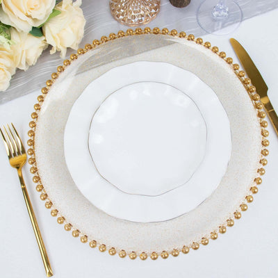 6-Pack Acrylic Round Charger Plates 13’’ in Clear Gold Glittered with Beaded Rim Decorative Dinner Party Serving Plates