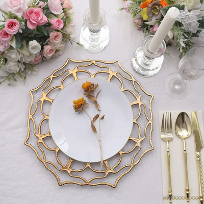 6-Pack Acrylic Round Charger Plates 13’’ in Gold with Floral Cutout Design Hollow Flower Plastic Decorative Dinner
