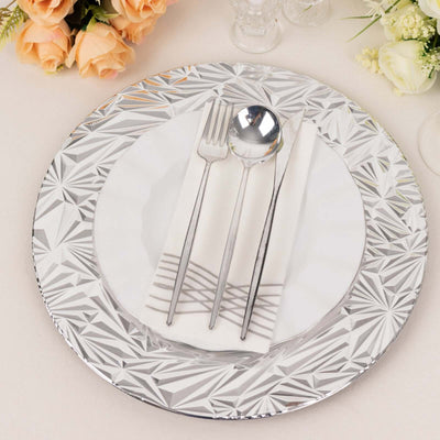 6-Pack Acrylic Round Charger Plates 13’’ in Metallic Silver with Rock Cut Design Durable Plastic Dinner Charger