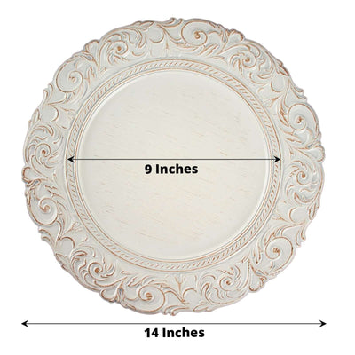 6-Pack Acrylic Round Charger Plates 14’’ in Antique White with Gold Engraved Baroque Rim Vintage Disposable Decorative