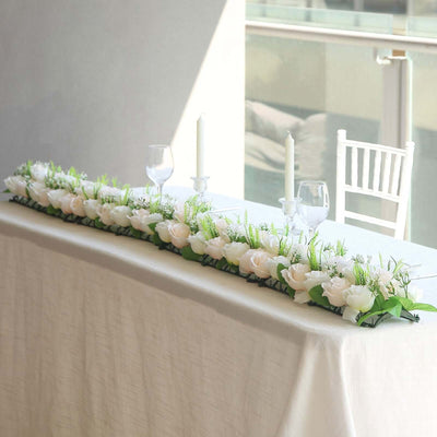 6 Pack Cream Ivory Silk Rose Flower Panel Table Runner Artificial Floral Arrangements Wedding Table Centerpiece