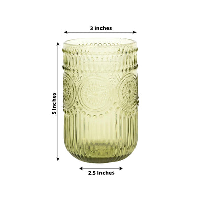 6-Pack Glass Tumblers Dusty Sage Green Vintage Embossed Design with Textured Floral Pattern - Highball Glasses