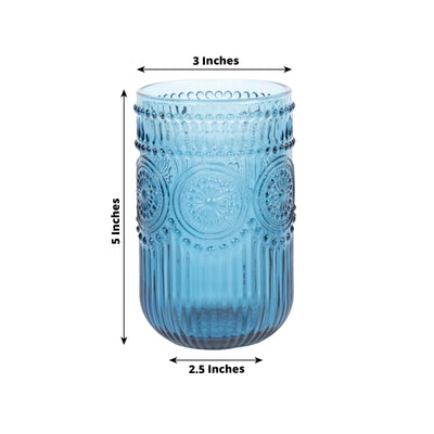 6-Pack Glass Tumblers Ocean Blue Vintage Embossed Design with Textured Floral Pattern - Highball Glasses for Drinks &