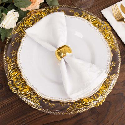 6-Pack Plastic Round Charger Plates 13’’ in Clear with Gold Florentine Embossed Rim Exquisite Dinner Serving Plates