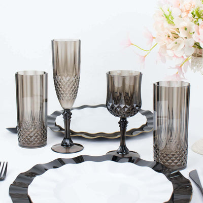 6-Pack Plastic Wedding Toast Flutes Black Transparent Crystal Cut Style - Reusable Champagne Glasses 8oz - Drinkware