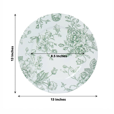 6 Pack Round Floral Acrylic Charger Plates in French Toile Pattern 13’’ White Sage Green Dinner Charger Event Tabletop