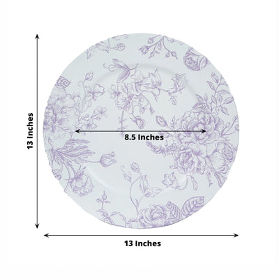 6 Pack Round Floral Acrylic Charger Plates in French Toile Pattern 13’’ Matte Lavender and White Dinner Charger Event