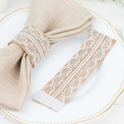 6 Pack Rustic Boho Chic Burlap and Lace Napkin Rings Farmhouse Style Jute Serviette Buckles Holder - Napkins