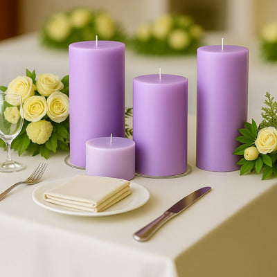 6-Pack Unscented Dripless Pillar Candles – 3’’x9’’ Lavender Lilac Paraffin Wax with Smokeless Cotton Wicks Clean &