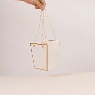 6 Pack White Gold Edge Paper Flower Gift Bags With Metal Chain Handles Trapezoid Party Favor Tote Bags - 5’’x6’’