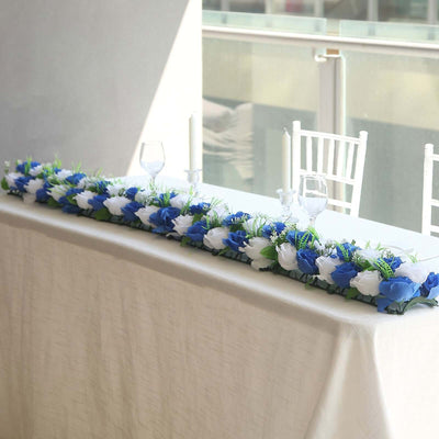6 Pack White Royal Blue Silk Rose Flower Panel Table Runner Artificial Floral Arrangements Wedding Table Centerpiece