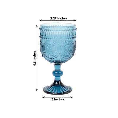 6-Pack Wine Glasses Ocean Blue Vintage Embossed Design with Textured Floral Pattern - Short Stemmed Glasses for Drinks