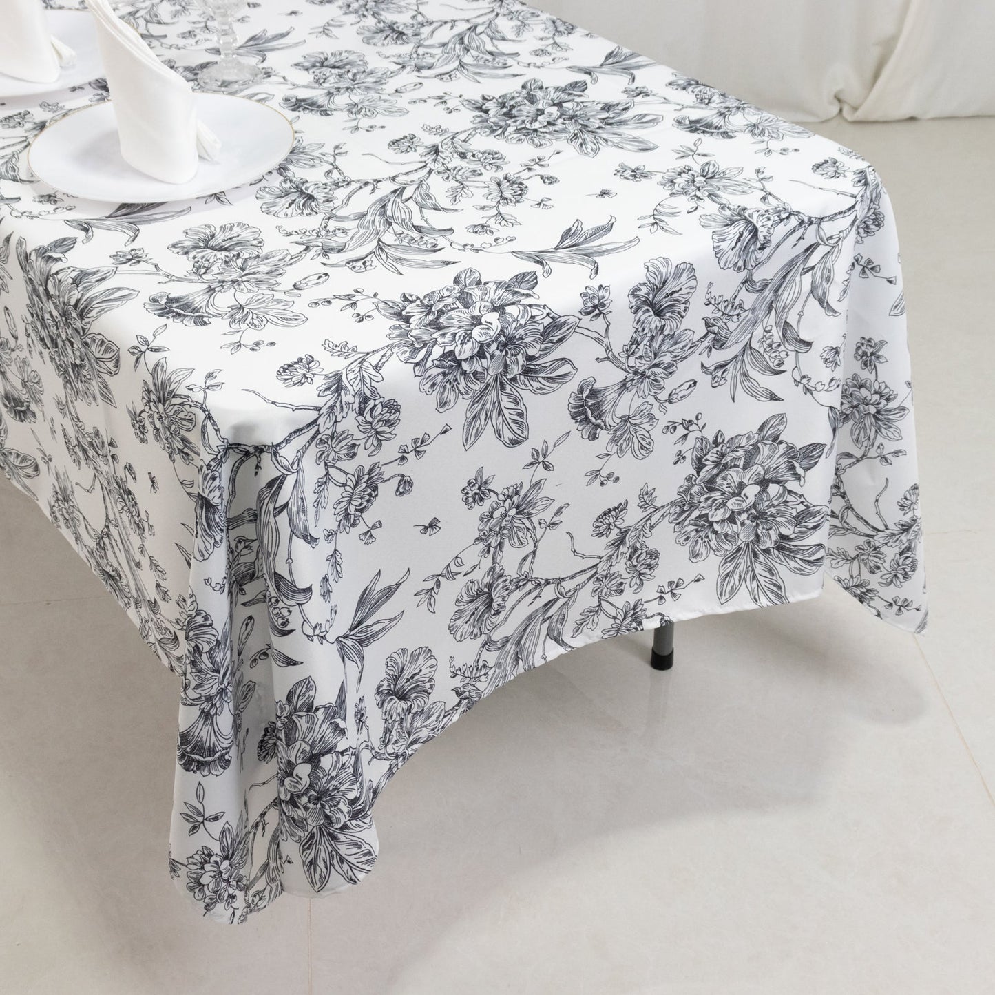 Polyester 60"x102" Rectangle Tablecloth White - Black French Toile Pattern for Elegant Gatherings
