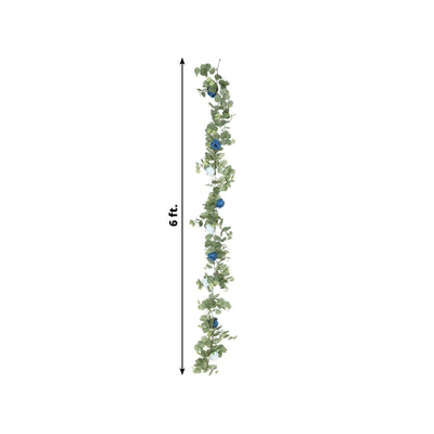 6ft Artificial Eucalyptus Garland with Royal Blue/Light Blue Silk Roses – Faux Greenery Vine - Flower Garlands