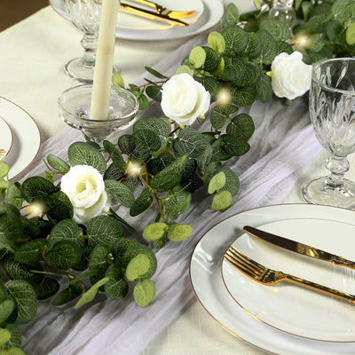 6ft Lighted Eucalyptus Garland with Ivory Roses & Battery-Operated Fairy Lights – Faux Greenery Vine - LED
