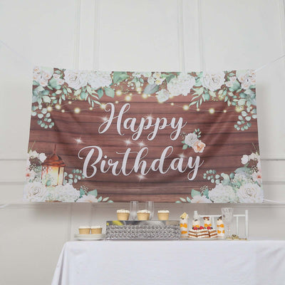 6ftx3ft White Brown Rustic Wood Floral Happy Birthday Photo Backdrop Large Polyester Background Banner - Backdrops