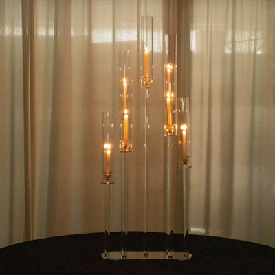 7-Arm Clear Crystal Cluster Candelabra with Hurricane Shades - Stylish Wedding Aisle Table Centerpiece 47’’