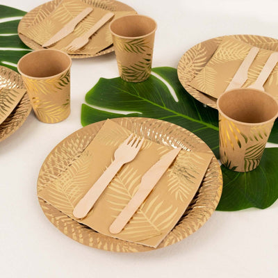 72 Pcs Paper Dinnerware Set with Gold Foil Palm Leaves Print Natural - Disposable Tableware Combo-Pack with Plates