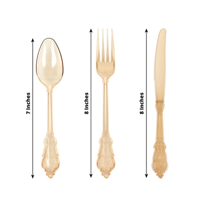 72 Pcs Plastic Silverware Set in Baroque Style Amber Gold - Heavy Duty Disposable Knife Fork and Spoon Set - Disposables