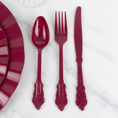 72 Pcs Plastic Silverware Set in Baroque Style Burgundy - Heavy Duty Disposable Knife Fork and Spoon Set - Disposables