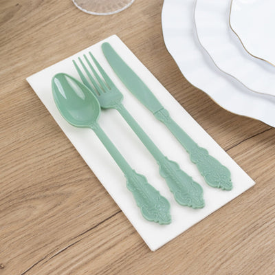 72 Pcs Plastic Silverware Set in Baroque Style Dusty Sage Green - Heavy Duty Disposable Knife Fork and Spoon Set