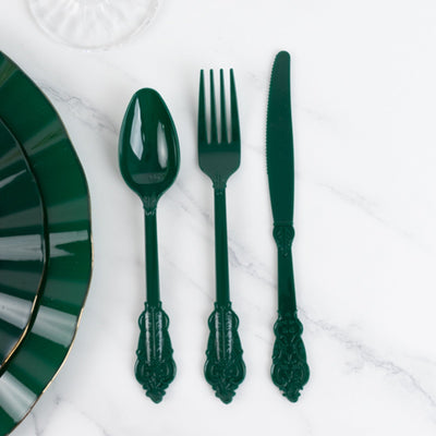 72 Pcs Plastic Silverware Set in Baroque Style Hunter Emerald Green - Heavy Duty Disposable Knife Fork and Spoon Set