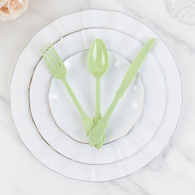 72 Pcs Plastic Silverware Set in Baroque Style Sage Green - Heavy Duty Disposable Knife Fork and Spoon Set - Disposables