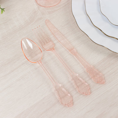72 Pcs Plastic Silverware Set in Baroque Style Transparent Blush - Heavy Duty Disposable Knife Fork and Spoon Set