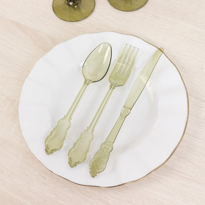 72 Pcs Plastic Silverware Set in Baroque Style Transparent Dusty Sage Green - Heavy Duty Disposable Knife Fork