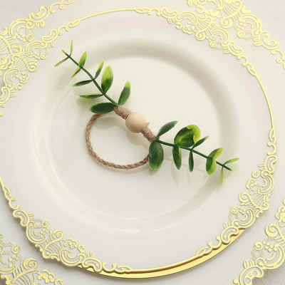 8 Pack Rustic Green Eucalyptus Leaf Wooden Beaded Jute Napkin Rings Handmade Farmhouse Burlap Napkin Serviette Buckle