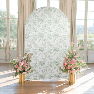 8ft Fitted Spandex Chiara Backdrop Cover – French Toile Blue & White Floral Arch Slipcover for Round Top Wedding