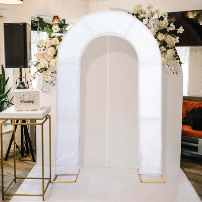 8ft Silver Spandex Fitted U-Shaped Wedding Arch Cover With Shimmer Tinsel Finish Double-Sided Open Arch Backdrop