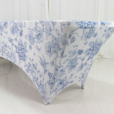 8ft Spandex Fitted Rectangle Tablecloth – White & Blue French Toile Wrinkle-Free Stretch Table Cover - Tablecloths