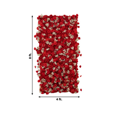 8ftx4ft Roll Up Artificial Flower Wall Panel Backdrop with Red Silk Roses & Baby’s Breath - Backdrops