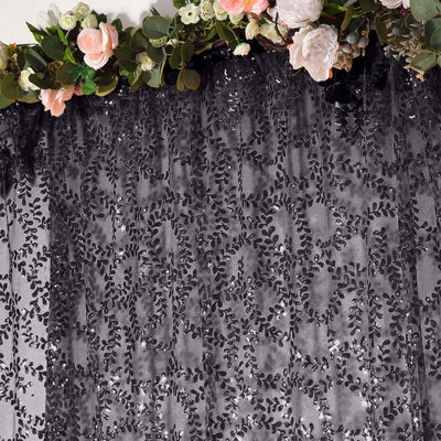 8ftx8ft Black Embroider Sequin Event Curtain Drapes Sparkly Sheer Backdrop Event Panel With Embroidery Leaf - Backdrops