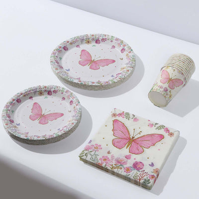 96 Pcs Paper Dinnerware Set with Butterfly Print White/Pink - Disposable Tableware Set with Plates Cups and Napkins