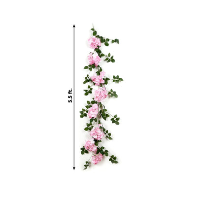 2-Pack Pink Artificial Hydrangea Garland 5.5ft – Artificial Silk Floral Vine with Green Leaves