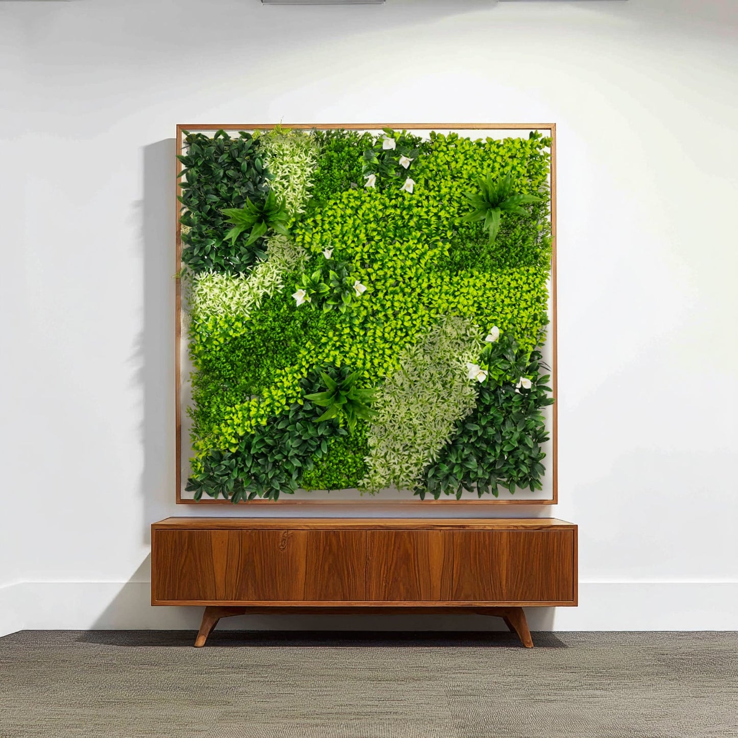 Artificial Boxwood Greenery Wall Panels, 40"×40" Grass Panels with Variegated Leaves and White Flowers, UV-Protected Backdrop for Outdoor Decor – 2 Panels, Covers 22 Sq. Ft.