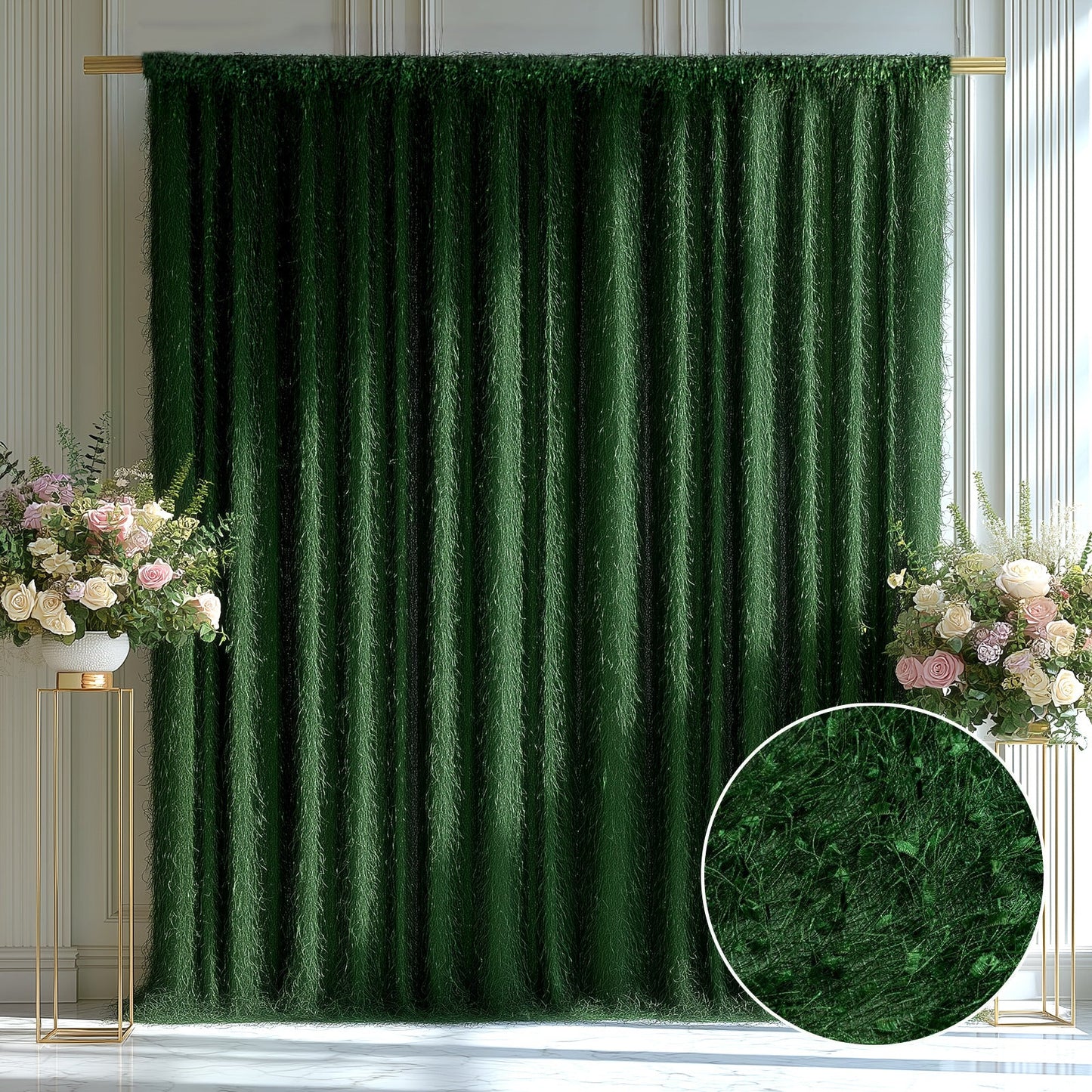5ftx10ft Green Fringe Shag Polyester Event Drapery Panel, Minky Fabric Divider Backdrop Curtain