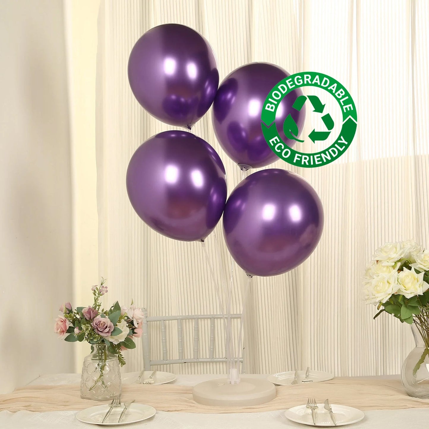 50 Pack Chrome Purple Biodegradable Latex Balloons 12", Thick Eco Friendly Metallic Party Balloons