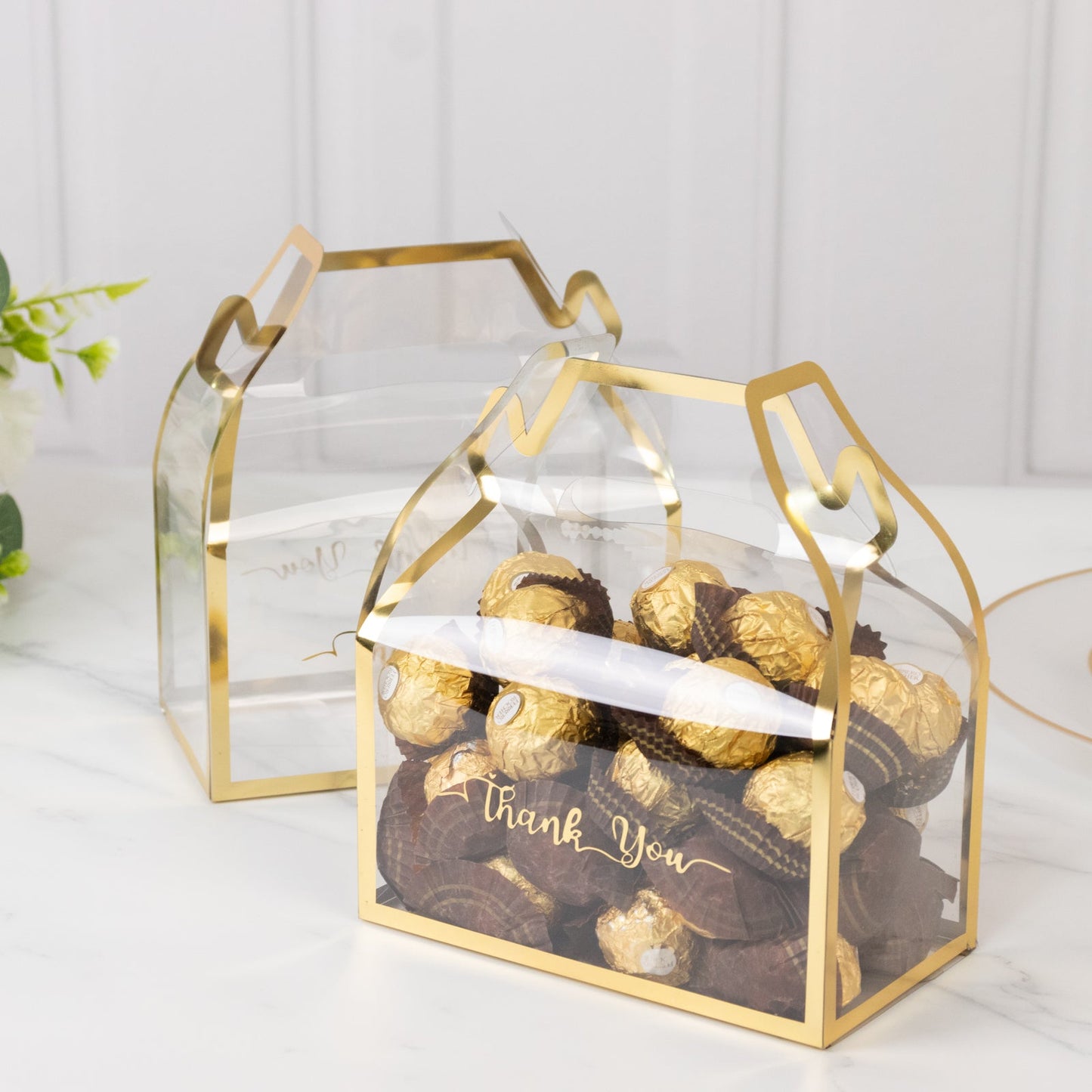 25 Pack Clear PVC Tote Gift Boxes with Gold Trim, Transparent Gable Candy Favor Boxes with Thank You Design - 6"x3.5"x7"
