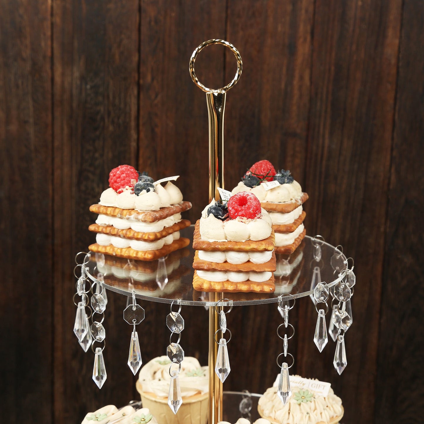 3-Tier Gold Cupcake Stand – 2ft Acrylic and Metal Dessert Display Tower with Hanging Crystals