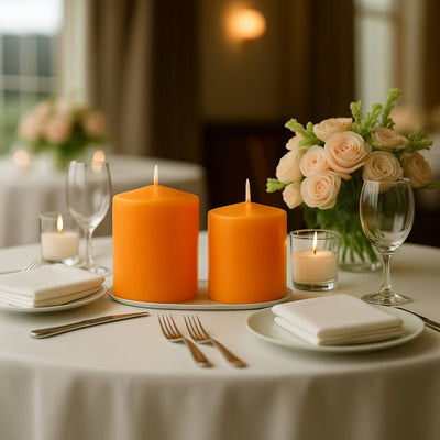 6-Pack Unscented Dripless Pillar Candles – 3"x3" Orange Paraffin Wax with Smokeless Cotton Wicks, Clean & Long-Lasting 30-Hour Burn